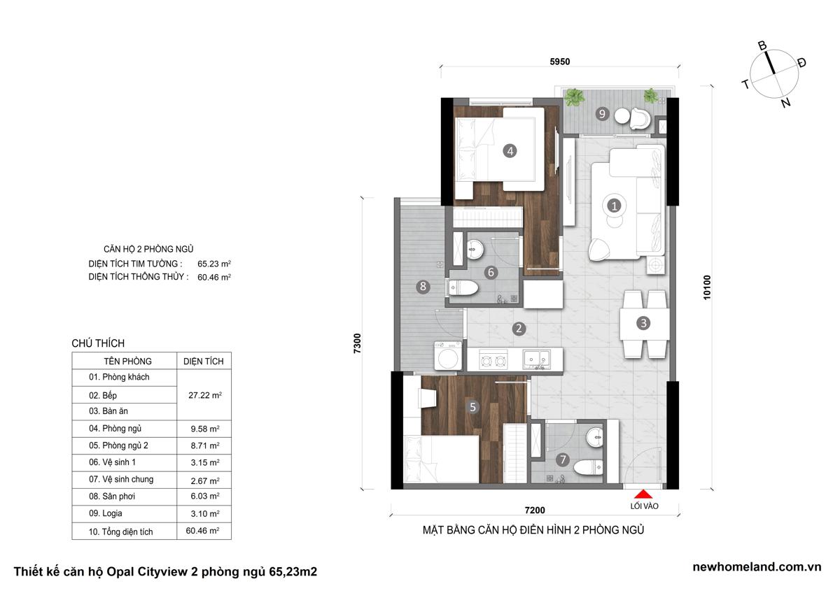 Thiết kế căn hộ Opal City View 2 phòng ngủ 65m2