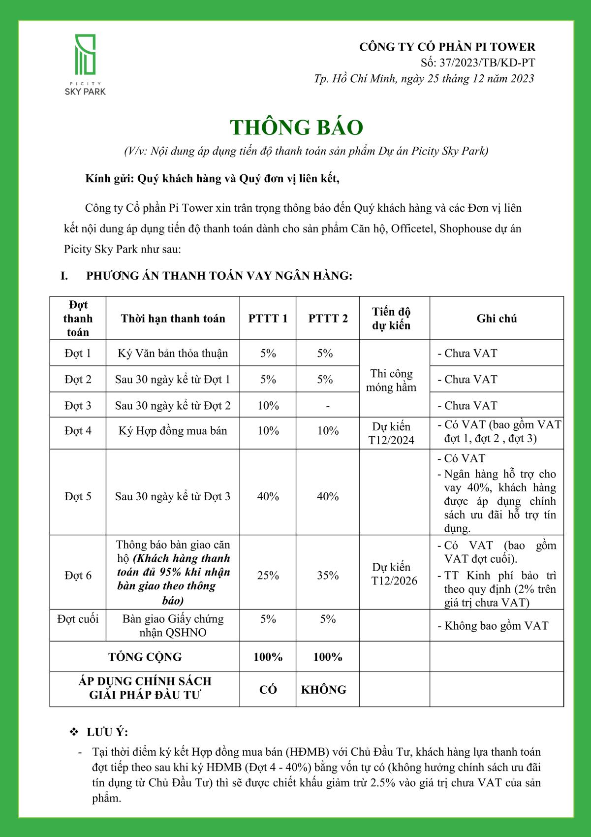 Phương thức thanh toán Picity Sky Park