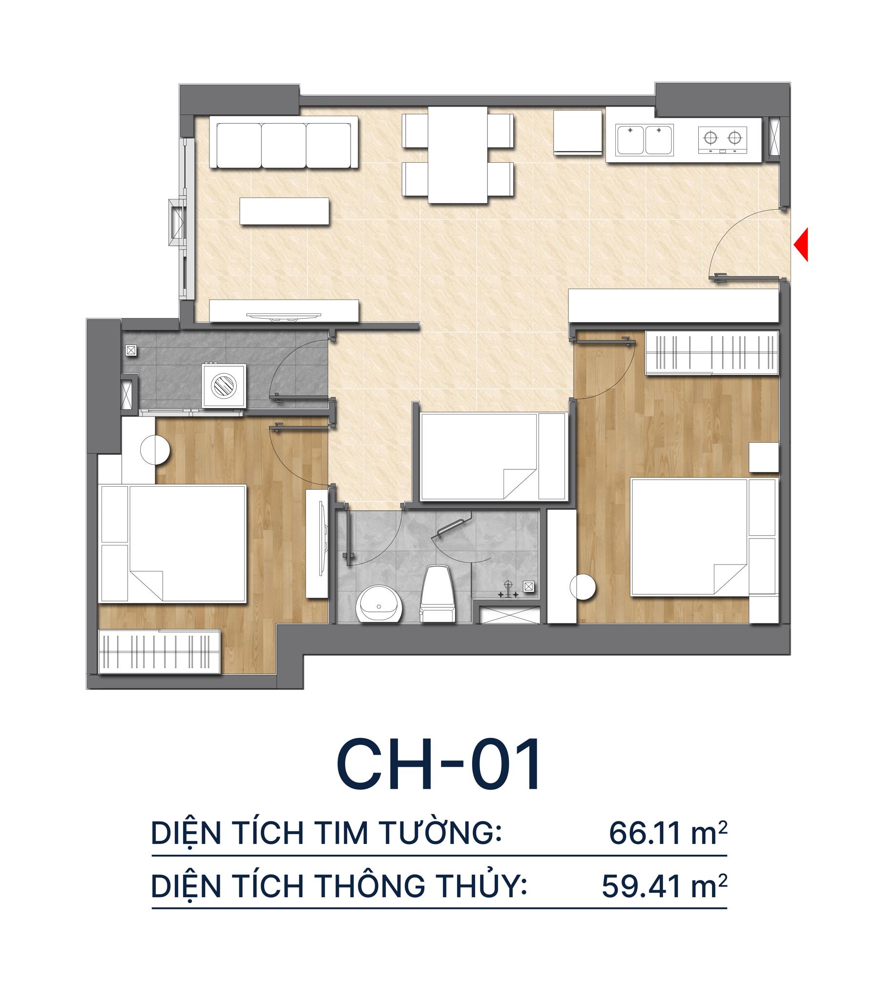 Thiết kế căn hộ CH01 - 66.11m2 Diamond Boulevard