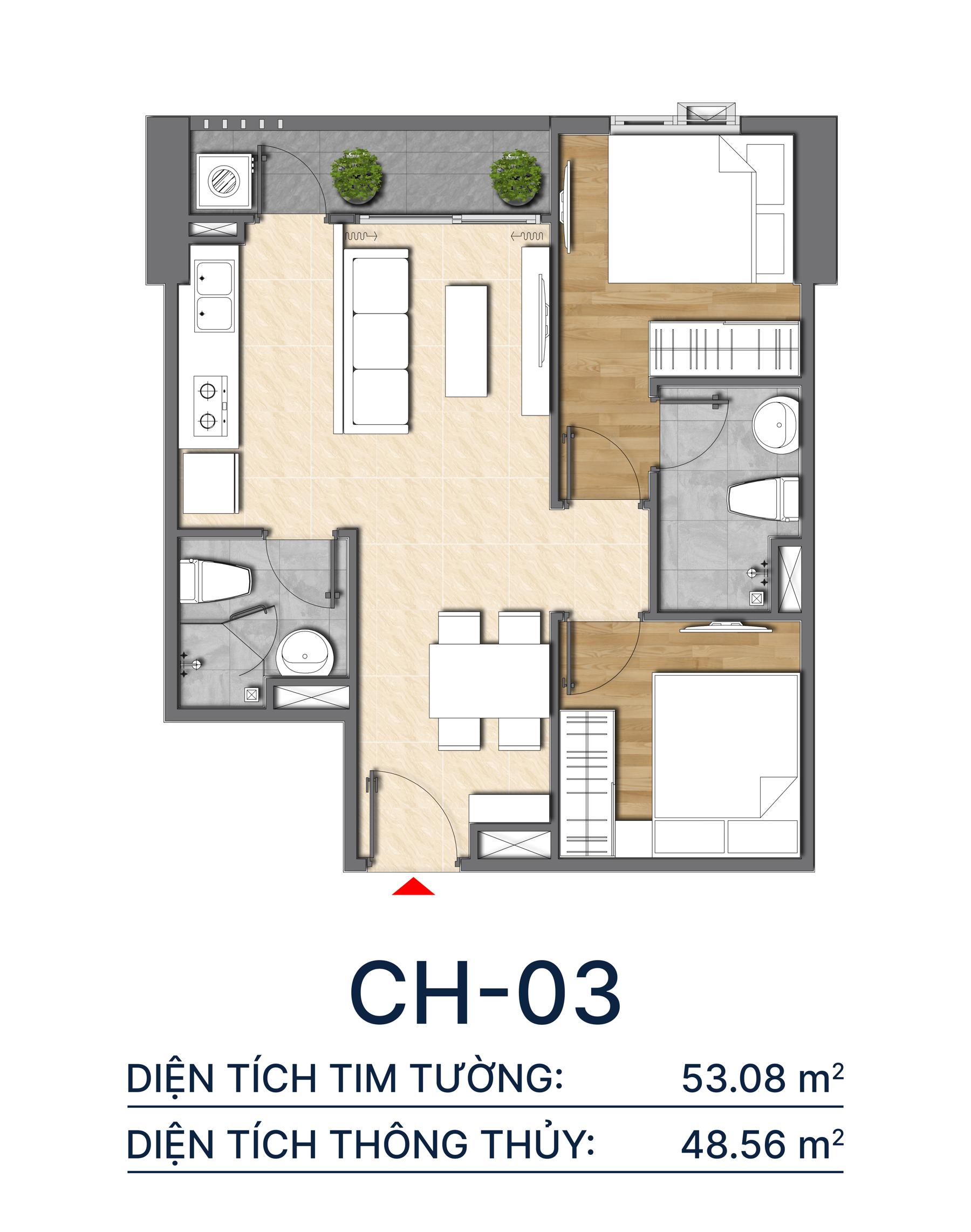 Thiết kế căn hộ CH03 - 53.08m2 Diamond Boulevard