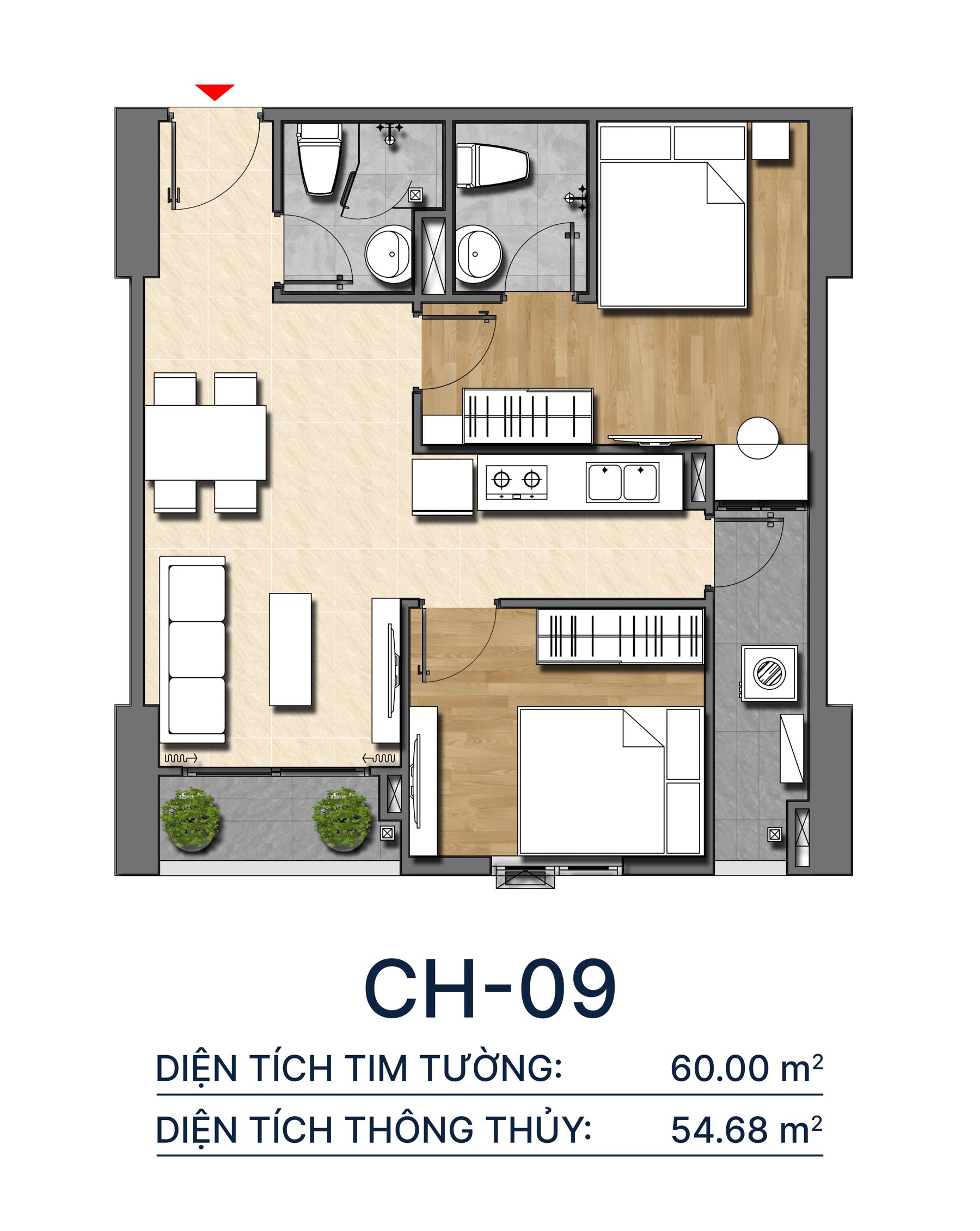 Thiết kế căn hộ CH09 - 60m2 Diamond Boulevard