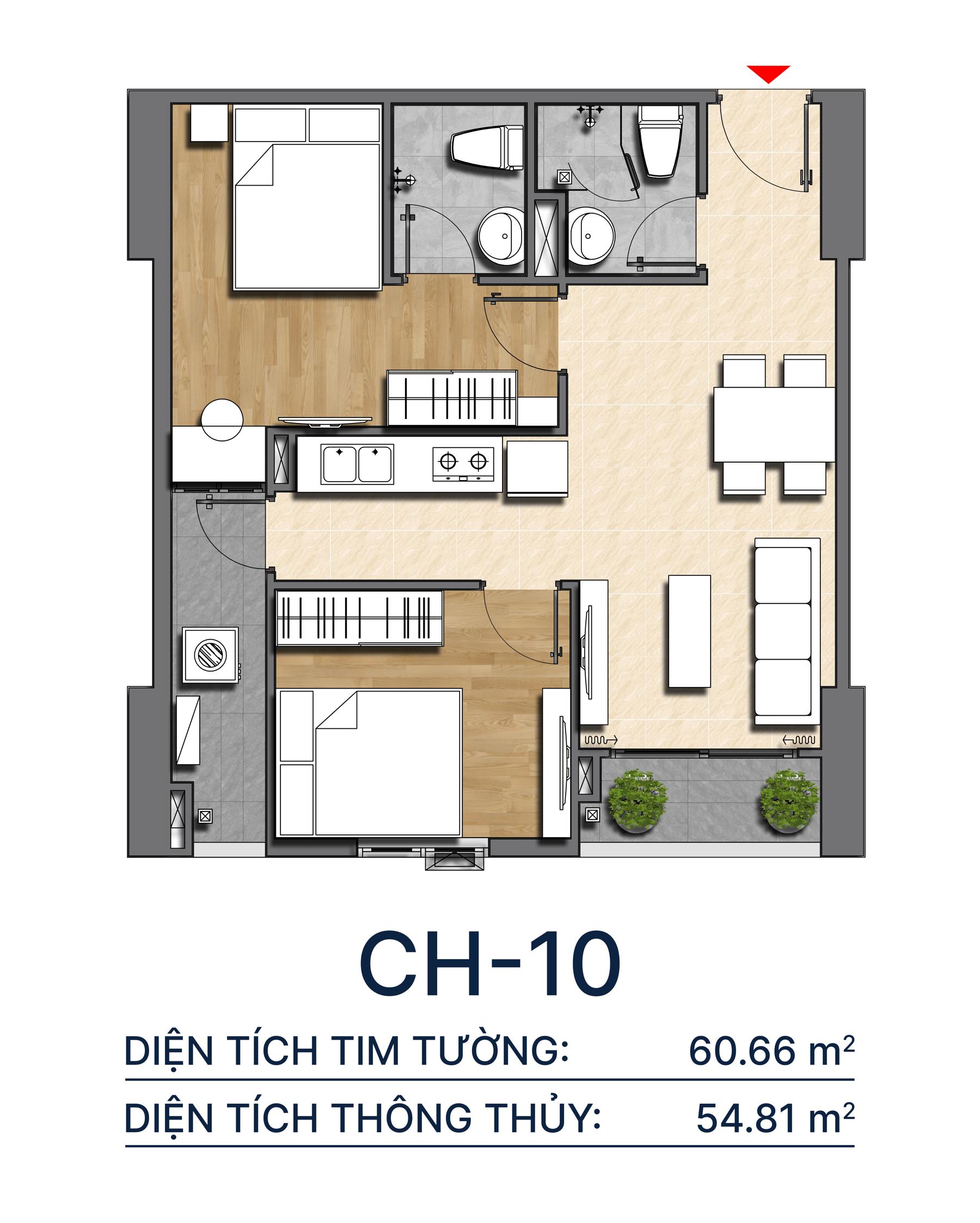 Thiết kế căn hộ CH10 - 60.66m2 Diamond Boulevard