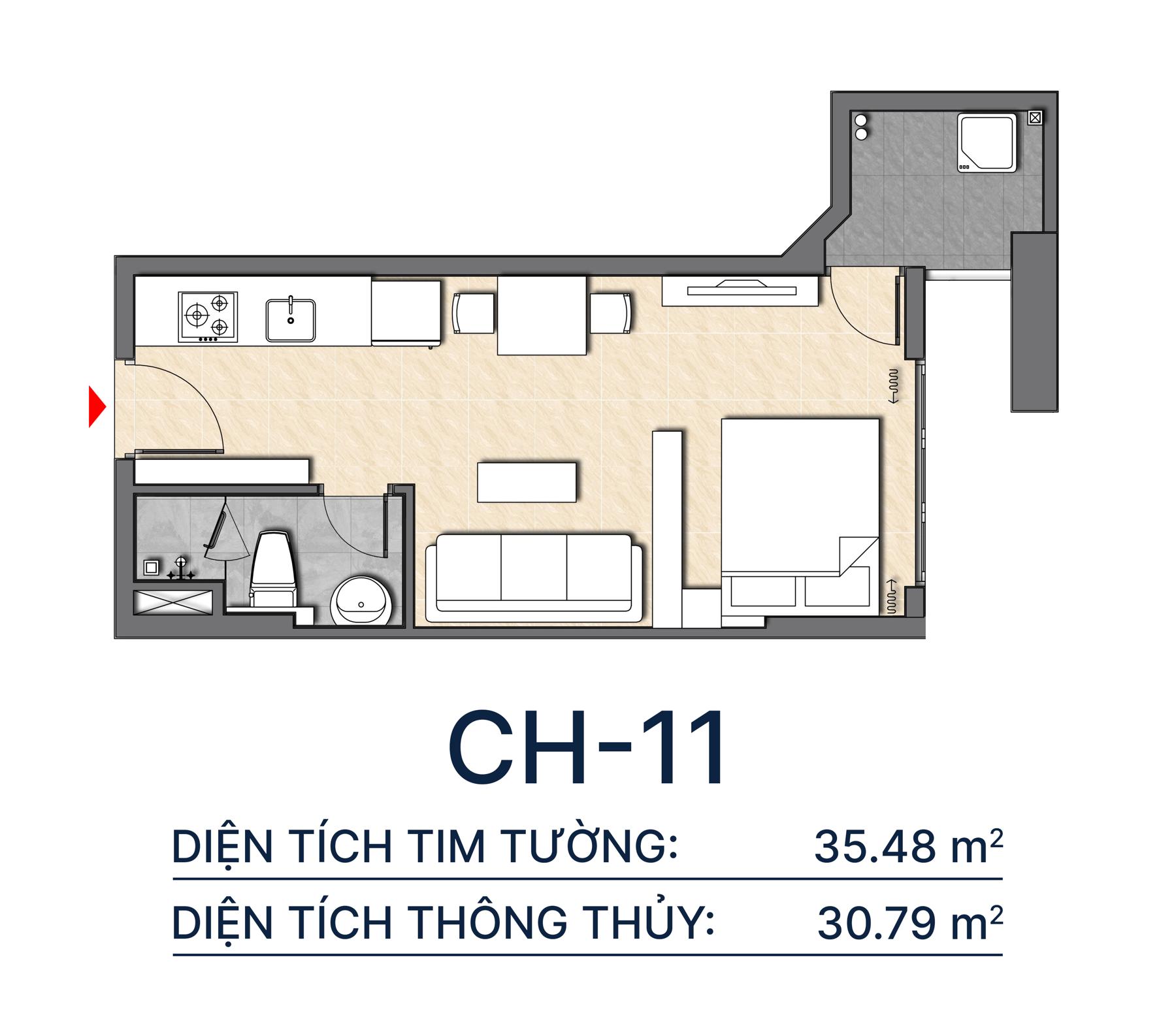 Thiết kế căn hộ CH11 - 35.48m2 Diamond Boulevard