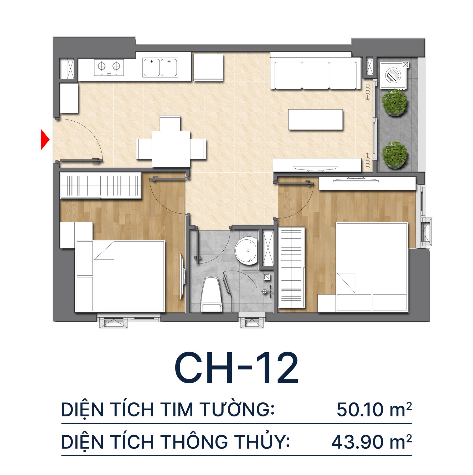 Thiết kế căn hộ CH12 - 50.10m2 Diamond Boulevard