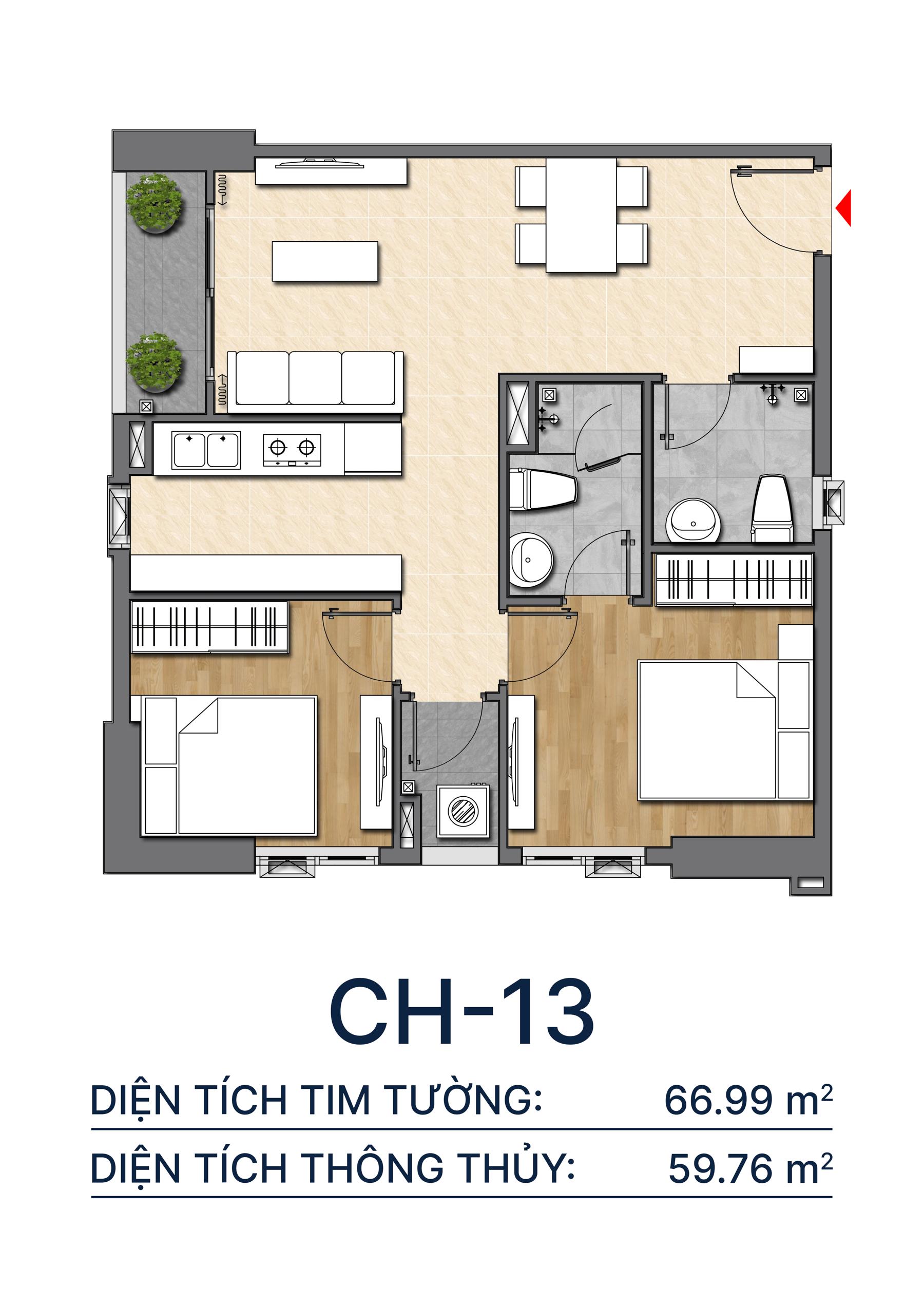 Thiết kế căn hộ CH13 - 66.99m2 Diamond Boulevard