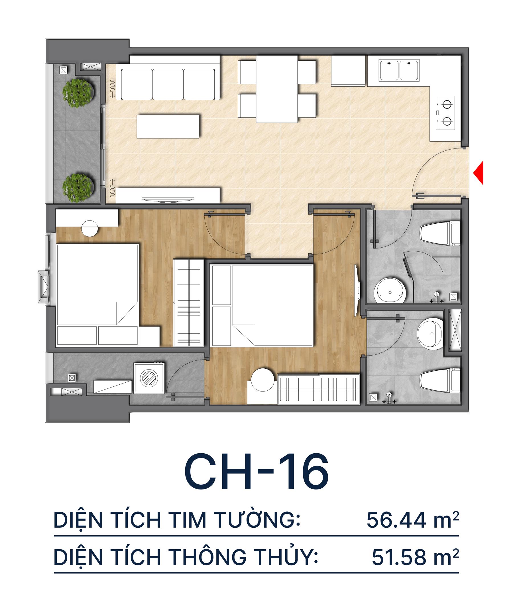 Thiết kế căn hộ CH16 - 56.44m2 Diamond Boulevard