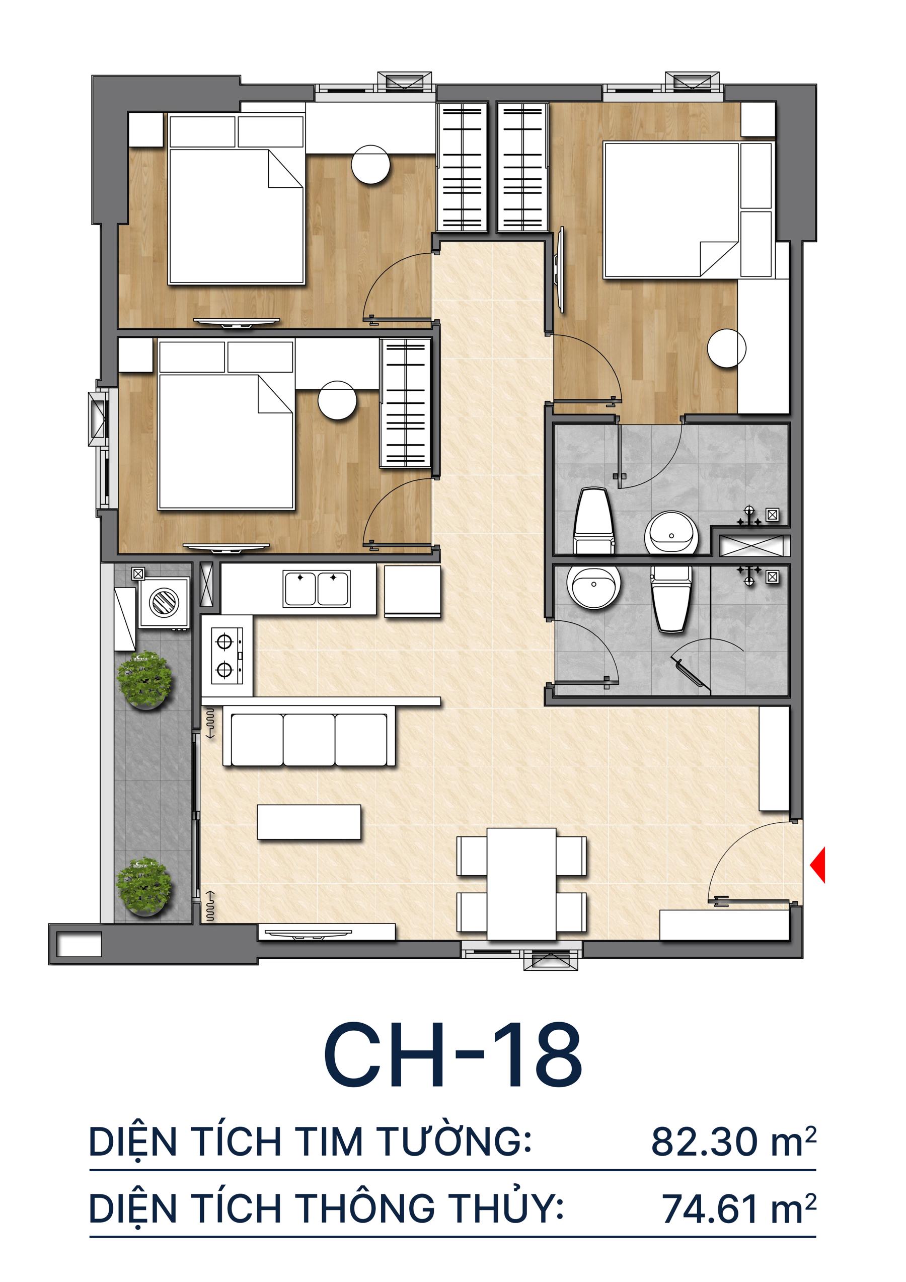 Thiết kế căn hộ CH18 - 82.3m2 Diamond Boulevard