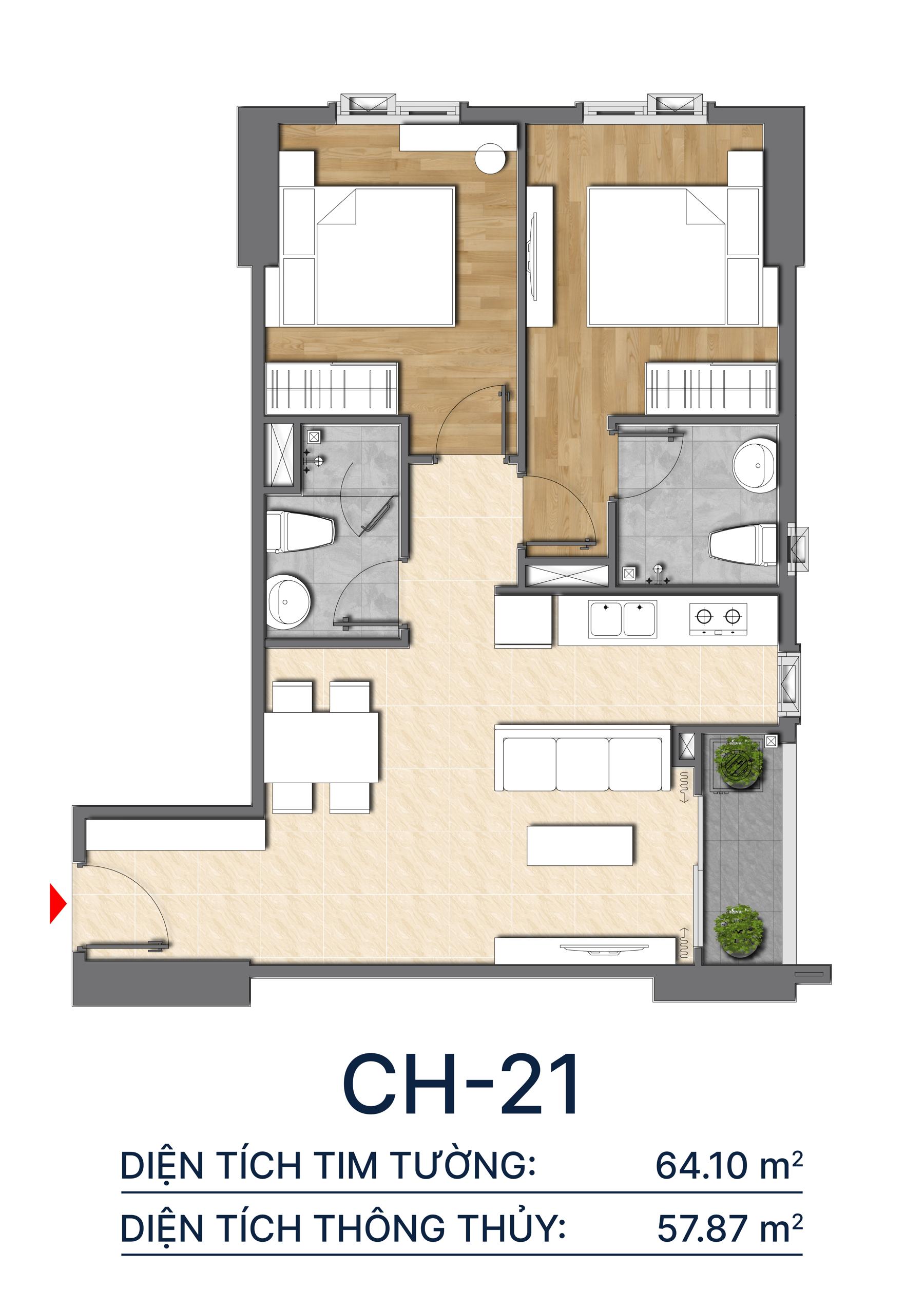 Thiết kế căn hộ CH21 - 64.10m2 Diamond Boulevard