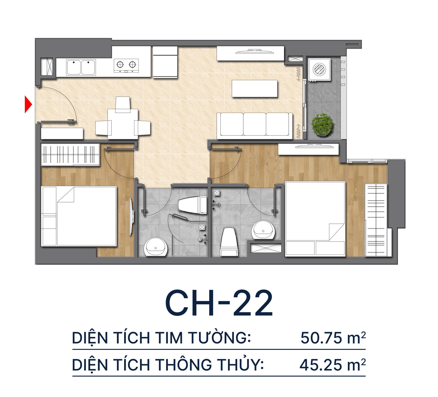 Thiết kế căn hộ CH22 - 50.75m2 Diamond Boulevard