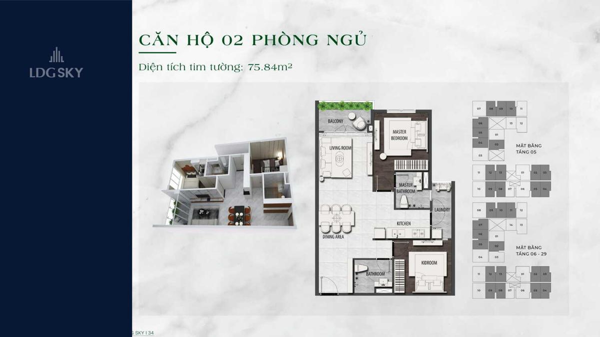 Mặt bằng căn hộ 2 phòng ngủ dự án căn hộ LDG Sky