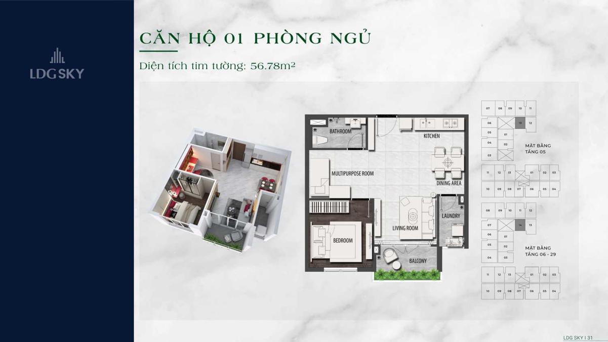 Mặt bằng căn hộ 1 phòng ngủ dự án căn hộ LDG Sky