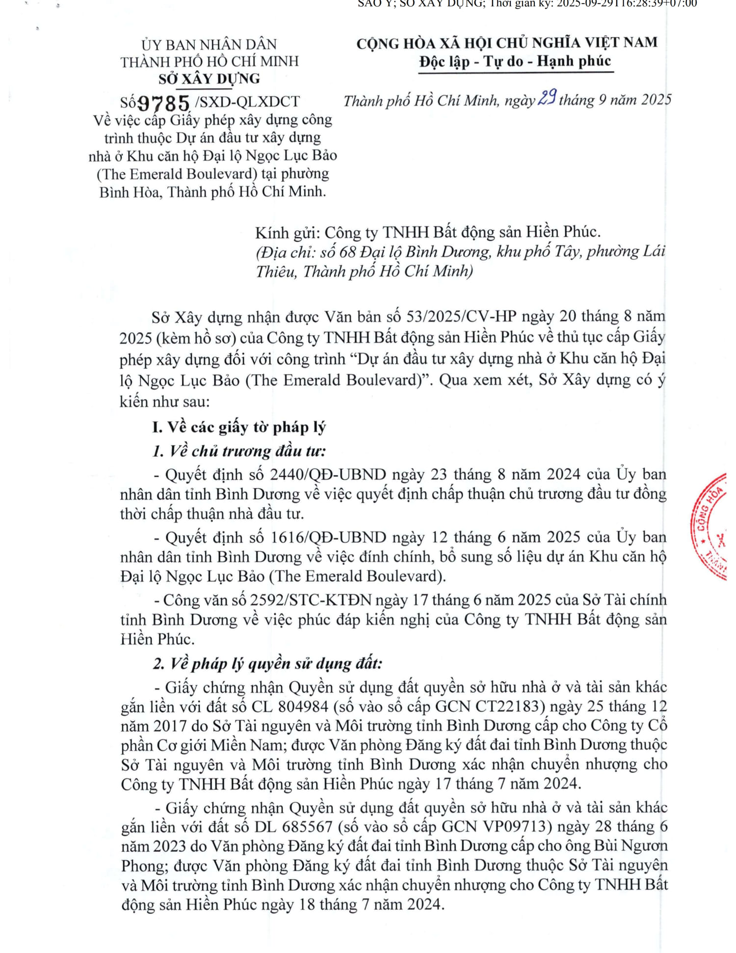 20250929 CV 9785 SXD XAC NHAN DU AN DUOC MIEN GIAY PHEP XAY DUNG DC 001