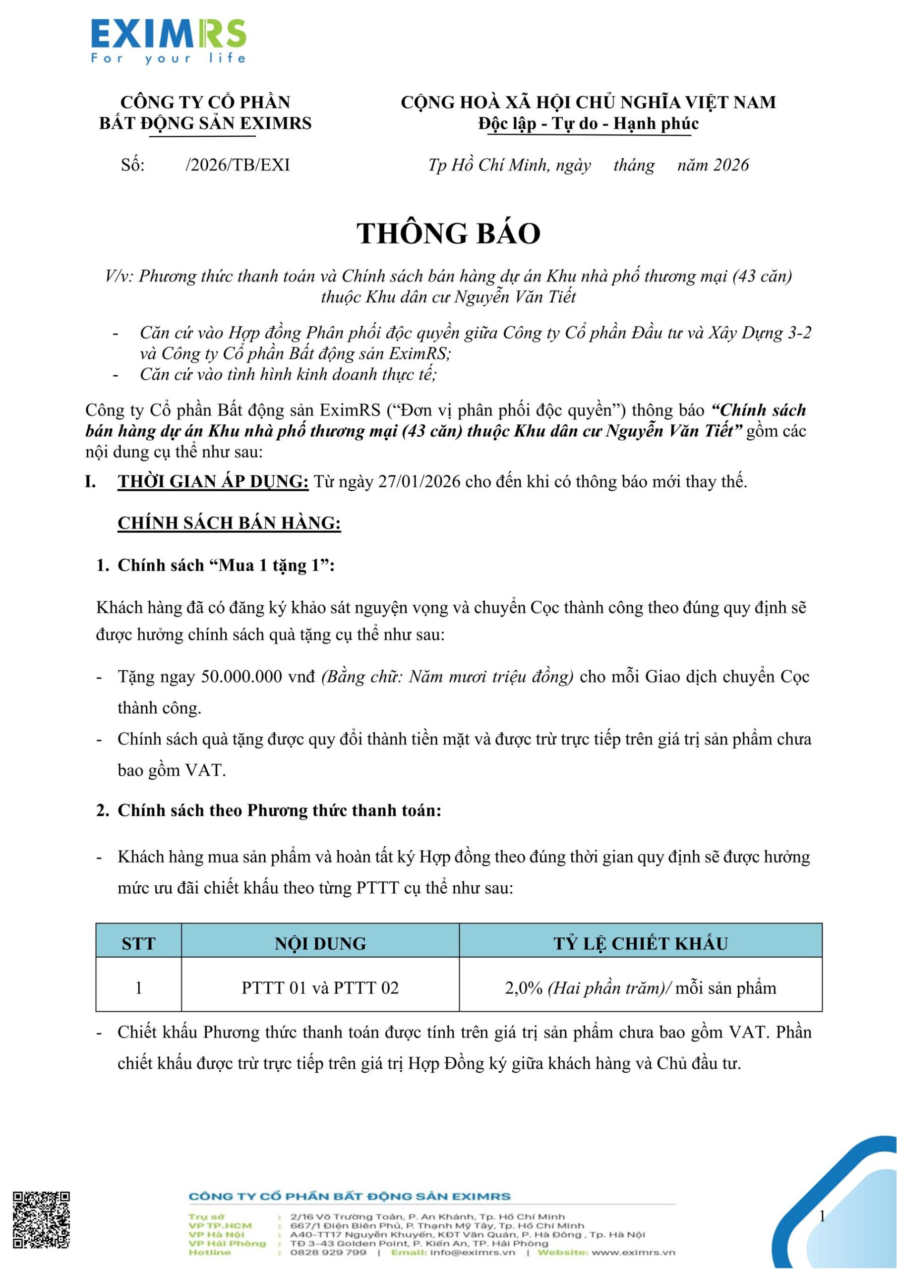 Phương thức thanh toán & chính sách khu dân cư Nguyễn Văn Tiết