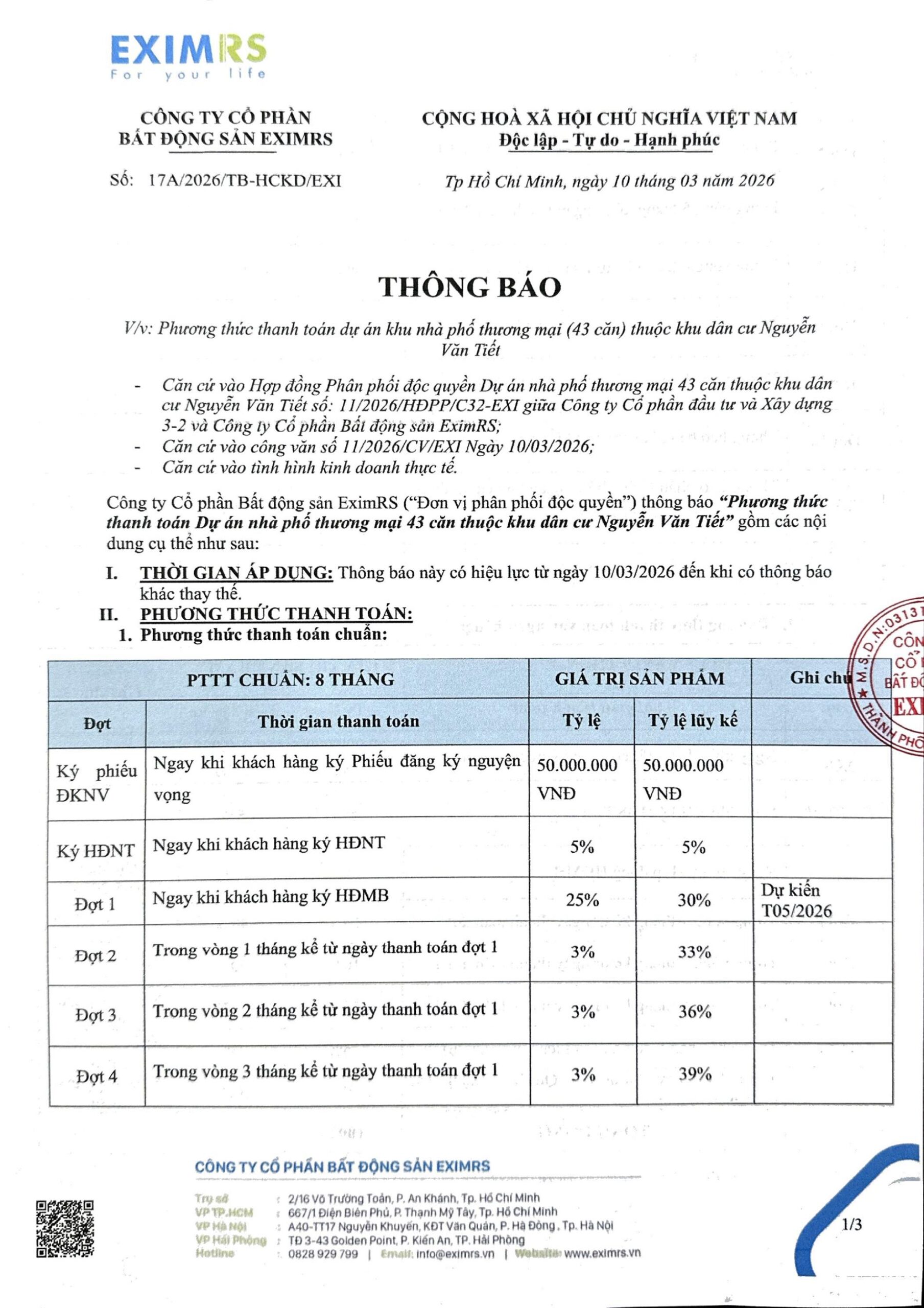 Phương thức thanh toán & chính sách khu dân cư Nguyễn Văn Tiết